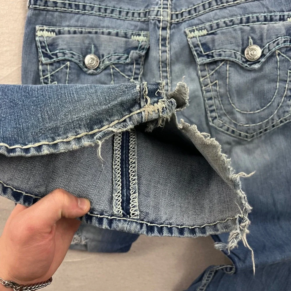 True Religion Joey‎ Super T Jeans Mens 36 Blue Distressed Flare Twisted Seam Low